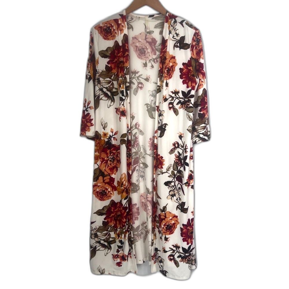 Lime & Chili White Floral Print Open Front Duster‎ Cardigan Size Small